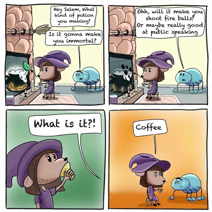 Comic panels showing a girl in a witch hat and her blue spider friend making a potion, revealing it's just coffee.
