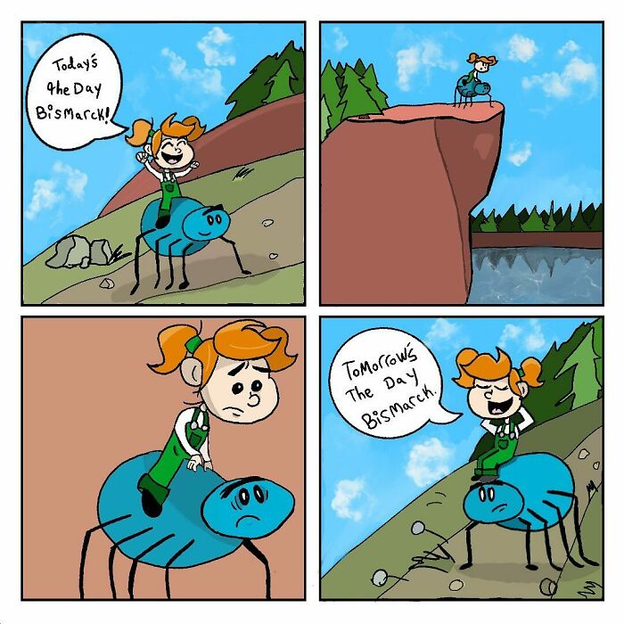 Comic panels showing a girl and her spider best friend on a cliff, expressing excitement and worry about Bismarck day.