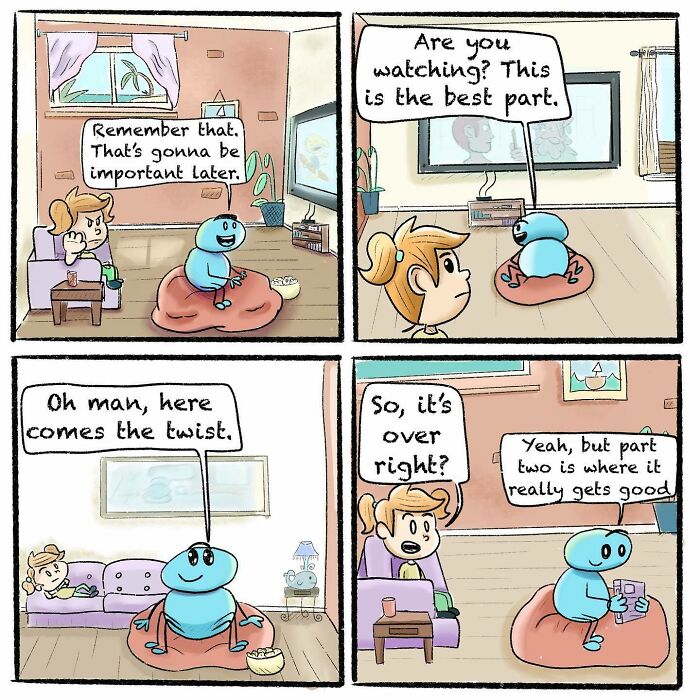 Comic panels showing a girl and her spider best friend watching TV and discussing a plot twist in a wholesome scene.