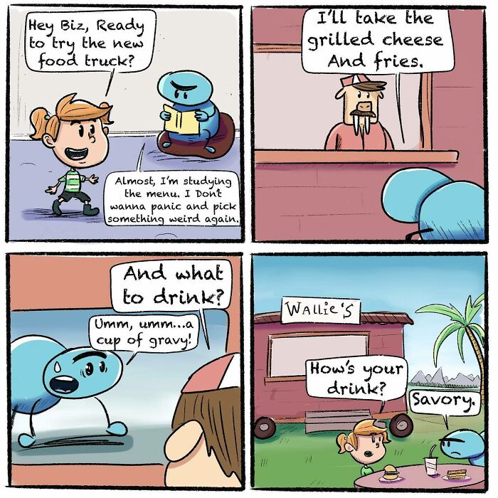 Comic panels showing a girl and her spider best friend ordering food and drinks at a food truck in a wholesome and quirky interaction.