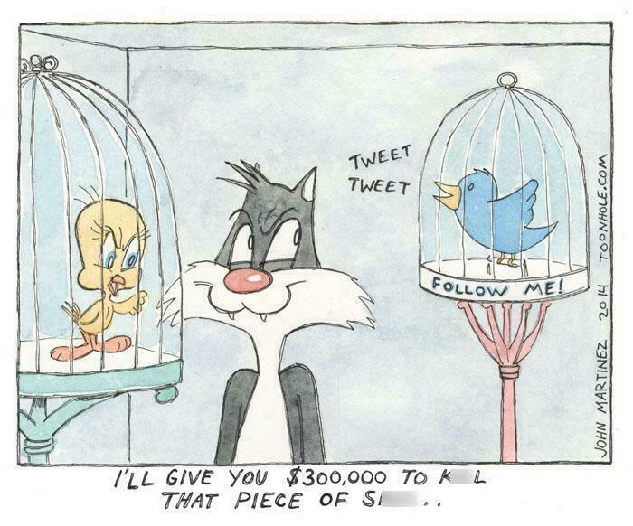 Cartoon of Tweety and Sylvester with social media bird in cages, illustrating aged predictions and accurate social commentary.