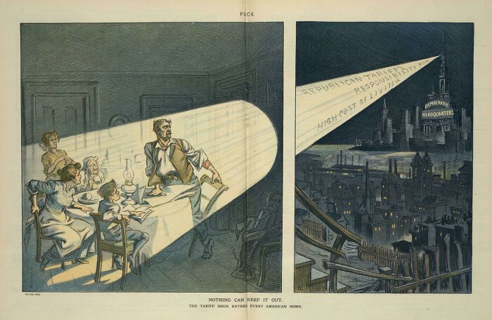 Vintage political cartoon depicting a family watching a spotlight labeled tariff issue, illustrating predictions aged like wine.
