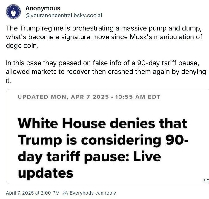 Social media post discussing market manipulation and a denied 90-day tariff pause amid accurate predictions aged like wine.