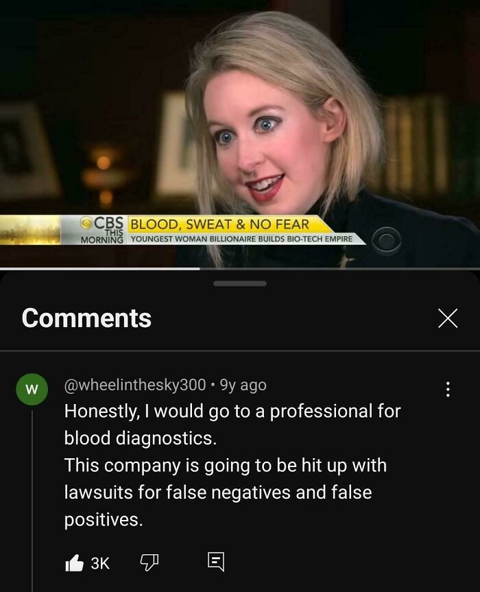 Young woman billionaire discussing blood diagnostics and accurate predictions in a CBS This Morning interview segment.