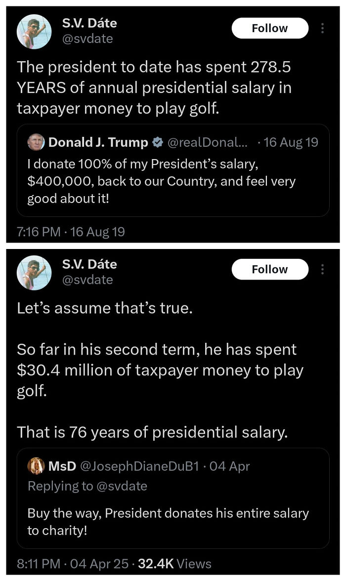 Twitter posts discussing presidential salary spent on golf with accurate aged like wine predictions.