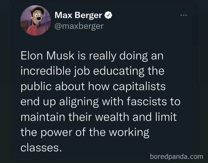 Tweet by Max Berger discussing accurate predictions about capitalism, fascism, and social class, showcasing aged like wine insights.