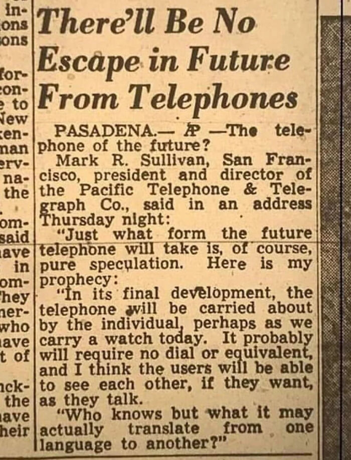 Old newspaper clipping predicting future telephones carried like watches and video calling, showcasing aged like wine predictions.