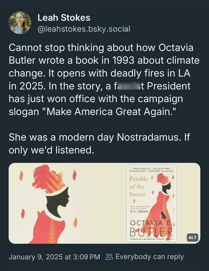 Tweet discussing Octavia Butler’s accurate climate change prediction in book Parable of the Sower, labeled aged like wine predictions.