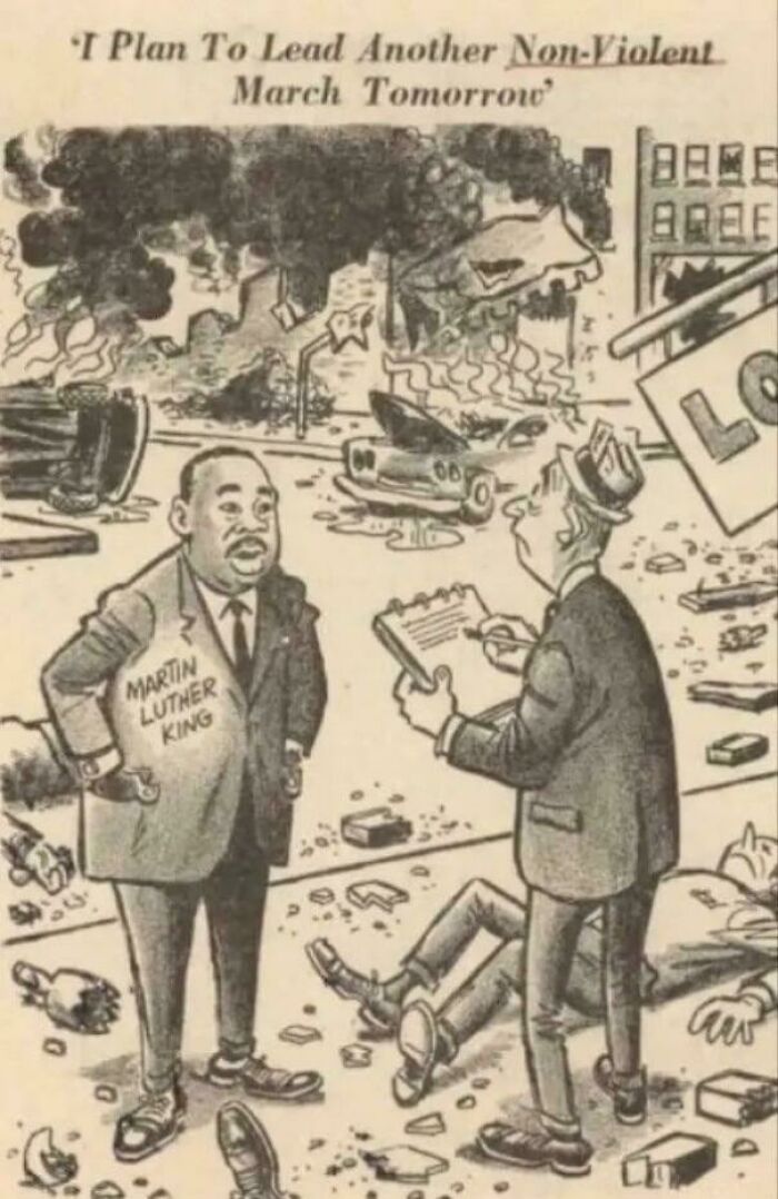 Martin Luther King in a chaotic scene, discussing non-violent protests and predictions aged like wine accuracy.