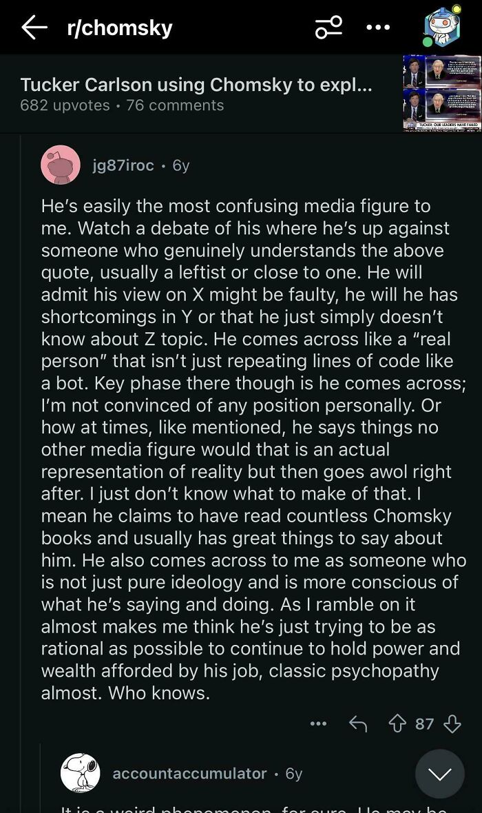 Screenshot of a Reddit thread discussing media figures with complex views in a r/chomsky community post.