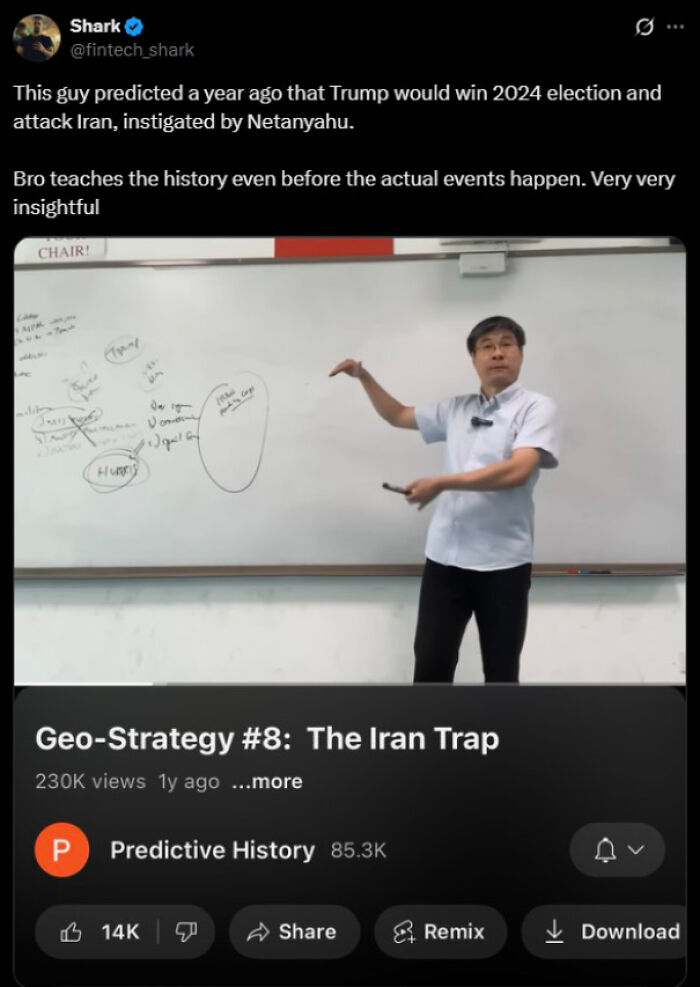 Man teaching geo-strategy on whiteboard about Iran trap in a video on accurate predictions aged like wine.