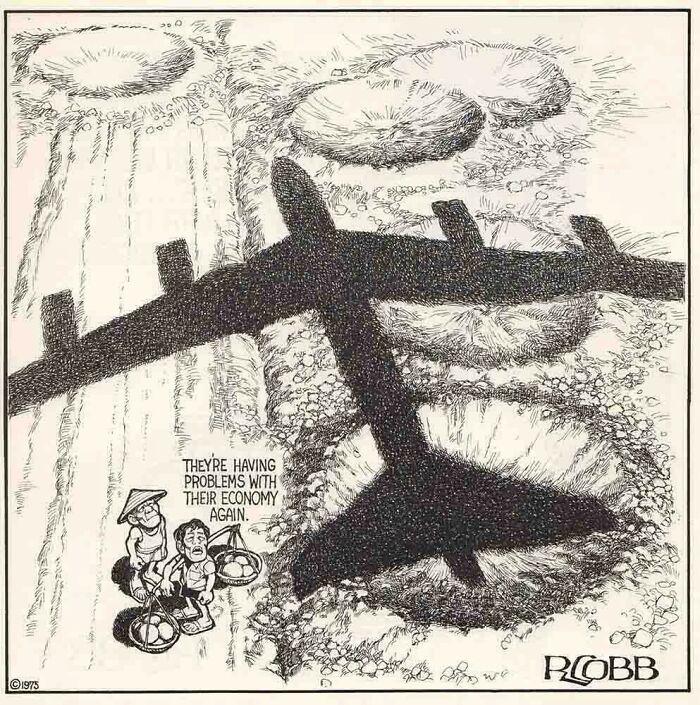 Vintage political cartoon showing large airplane shadow over villagers with caption about economy, representing predictions aged like wine.