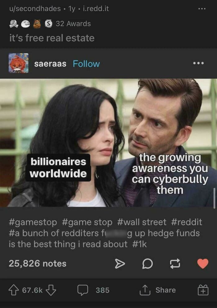 Two people representing billionaires worldwide and the growing awareness of how to cyberbully them, meme format.