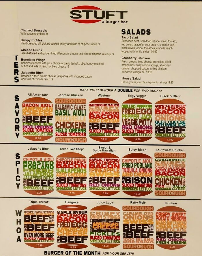 Menu board at Stuft burger bar displaying creative burger options with beef, chicken, and spicy toppings for smarter and cooler dining.