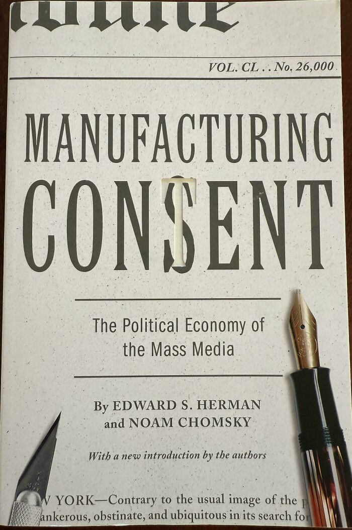 Book cover of Manufacturing Consent by Edward S Herman and Noam Chomsky shown with pen tips, highlighting smart design.