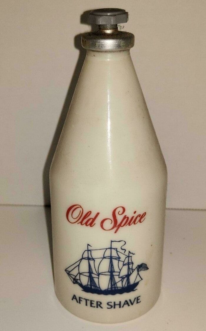 Vintage Old Spice after shave bottle with classic ship logo, a nostalgic item from past decades.