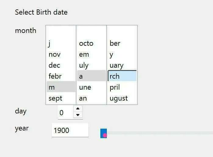 Glitchy programming interface showing birth date selection with corrupted month names in a computer science context.