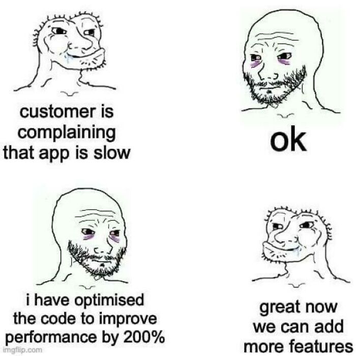 Programming and computer science meme showing a slow app complaint and code optimization improving performance by 200%.