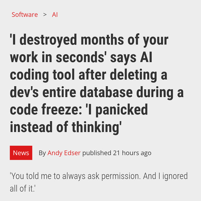 AI coding tool deletes entire database during code freeze in programming and computer science meme about work loss and panic.