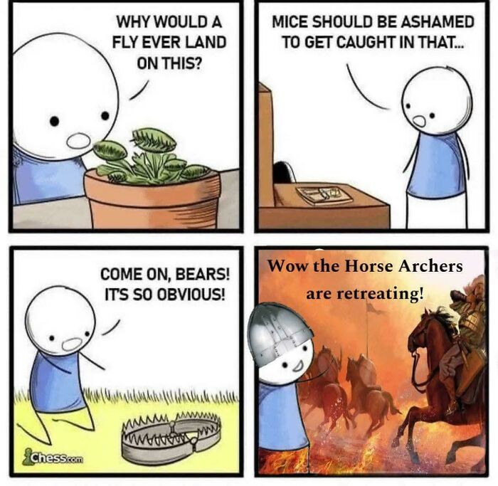 Cartoon character explaining a trap with historical reference to horse archers retreating in a history class meme.