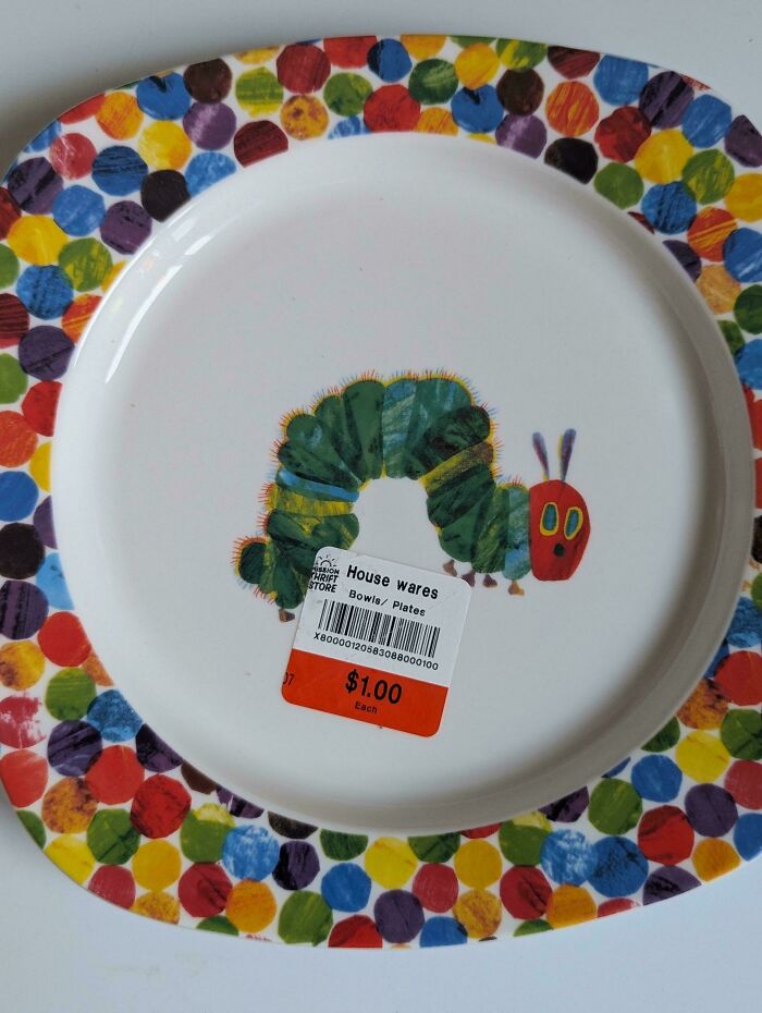 Colorful plate with a caterpillar design and thrift store price tag, one of the best thrift store finds.