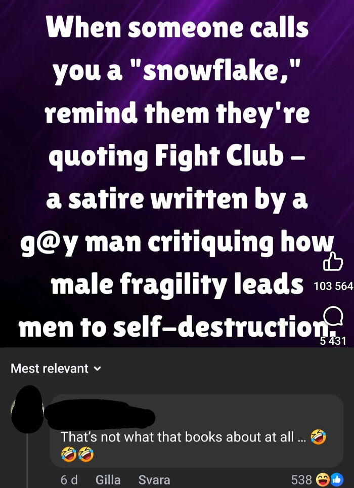 Text post roasting a confident but incorrect individual quoting Fight Club, with comments mocking the misunderstanding.
