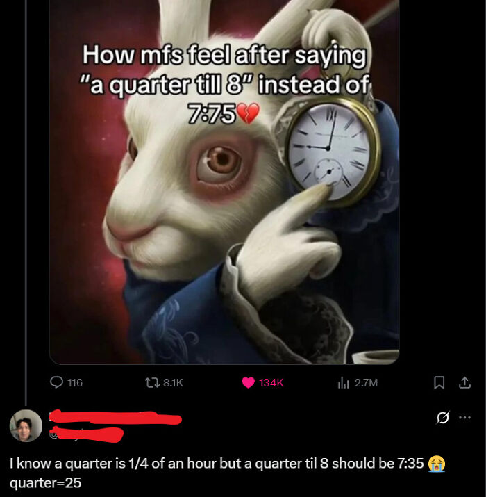 Humorous roast of a confidently incorrect time expression featuring a white rabbit and clock in an online group discussion.