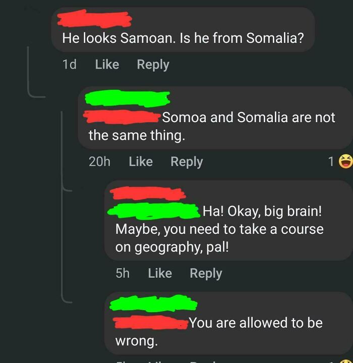 Online comments roasting confidently incorrect individuals about geography in a humorous and witty exchange.