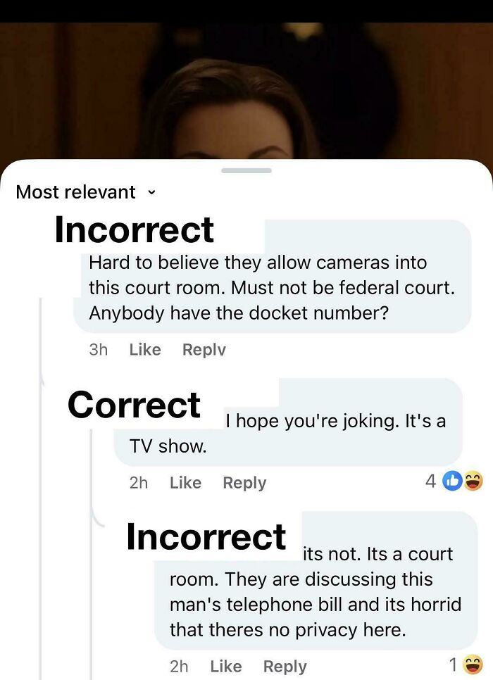 Online discussion roasting confidently incorrect individuals about courtroom cameras and TV show confusion.
