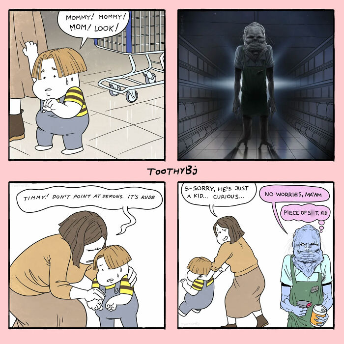 Comic panels by ToothyBj featuring dark humor with a child pointing at a scary demon in a grocery aisle setting.
