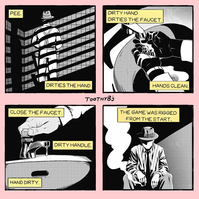 Black and white comic panels by ToothyBj depicting a dark humor scenario with hands, faucet, and a mysterious man in a hat.