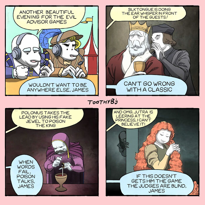 Four-panel comic by ToothyBj featuring dark humor scenes with medieval characters and witty dialogue about poison and spying.