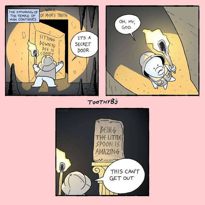 Comic panels by ToothyBj depicting a dark humor exploration of men's truths with a humorous secret door discovery.