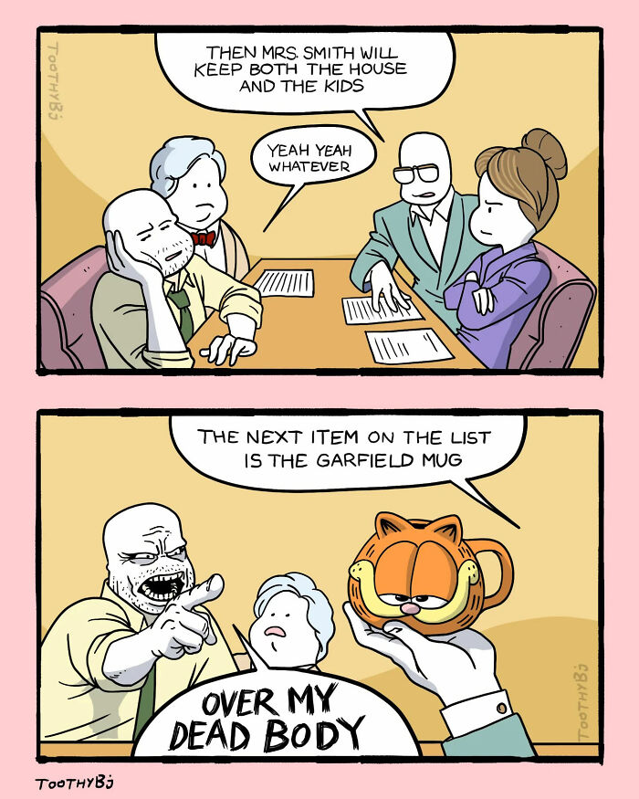 Dark sense of humor comic by ToothyBj showing a tense discussion about a Garfield mug with a dramatic reaction.