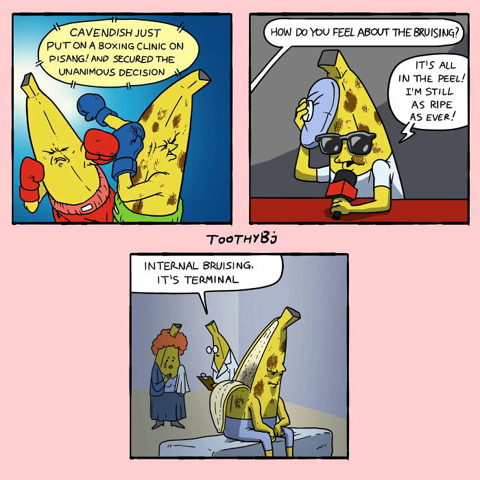 Comic by ToothyBj featuring dark humor with anthropomorphic bruised bananas in boxing and medical scenes.