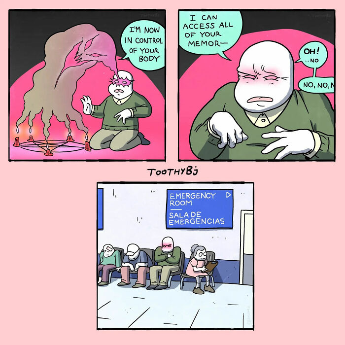 Comic panels by ToothyBj featuring dark humor about mind control and an emergency room waiting scene.