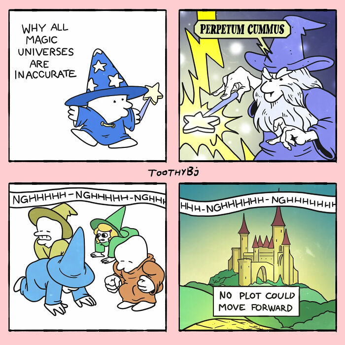 Comic strip illustrating dark humor about inaccurate magic universes by ToothyBj with wizards and a stuck plot scenario.