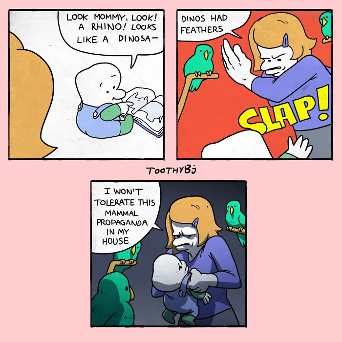 Comic by ToothyBj showing dark humor with a mother slapping a child for dinosaur facts about feathers.