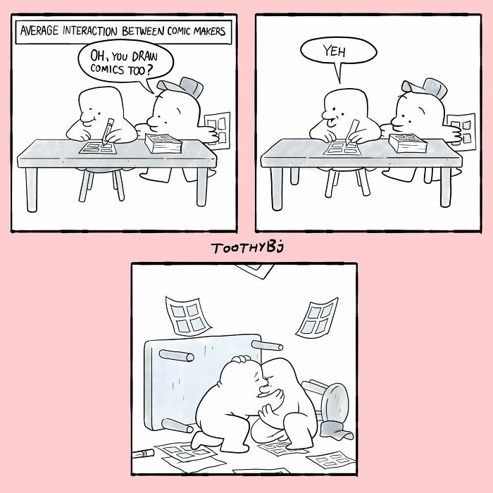 Comic makers interact awkwardly but end up fighting in this dark humor comic by ToothyBj.
