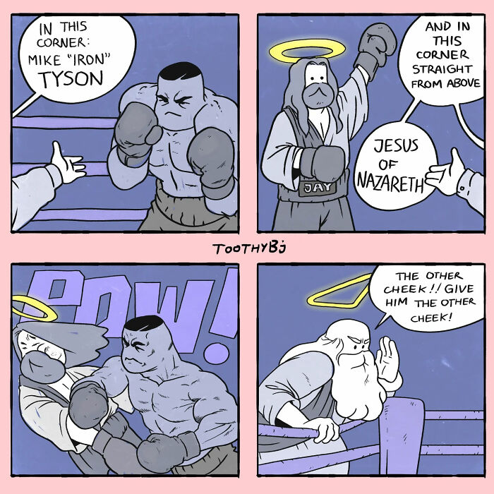 Comic panels showing a dark humor boxing match between Mike Tyson and Jesus of Nazareth by ToothyBj.