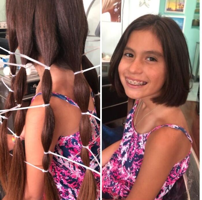 Young girl with long hair tied in sections for donation and smiling after haircut, showcasing beauty of planet earth.