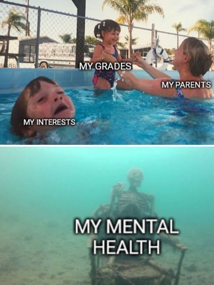 Meme depicting entitled parents focusing on grades while ignoring child's interests and mental health in a pool setting.