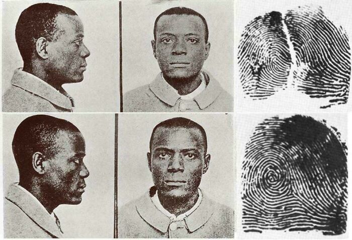 Two sets of black and white mugshots with matching fingerprints showing a rare coincidence captured in photos.