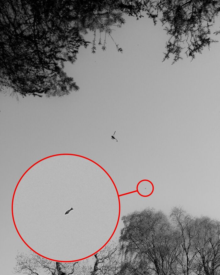 Helicopter flying with a shadow or object on its side in the sky, showcasing a wild coincidence captured in a photo.