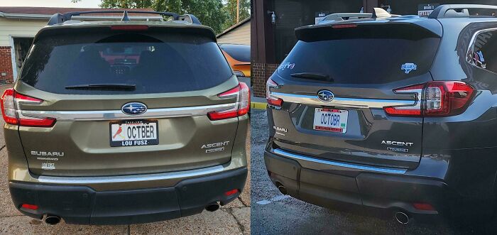 Two Subaru Ascent SUVs with matching license plates reading OCTOBR, showing a wild coincidence captured in photos.