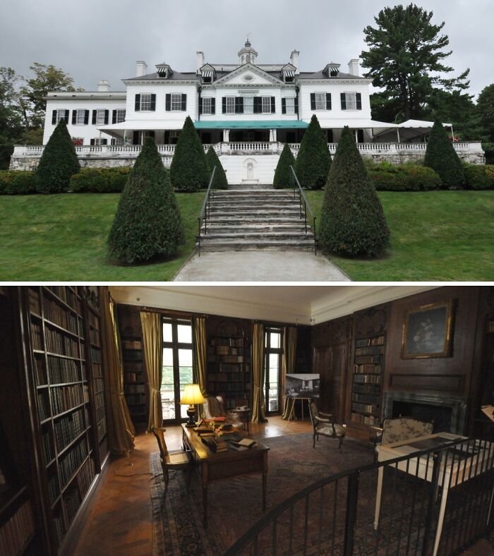 Historic American home exterior with manicured bushes and an interior library showcasing classic architectural heritage.
