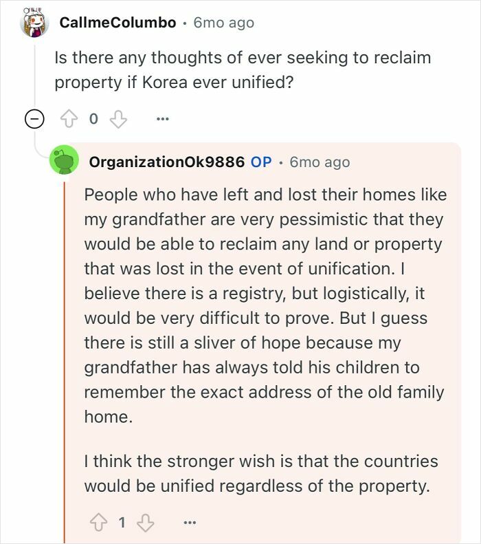 Reddit user discusses challenges faced by people who escaped North Korea and their thoughts on reclaiming lost property after unification.