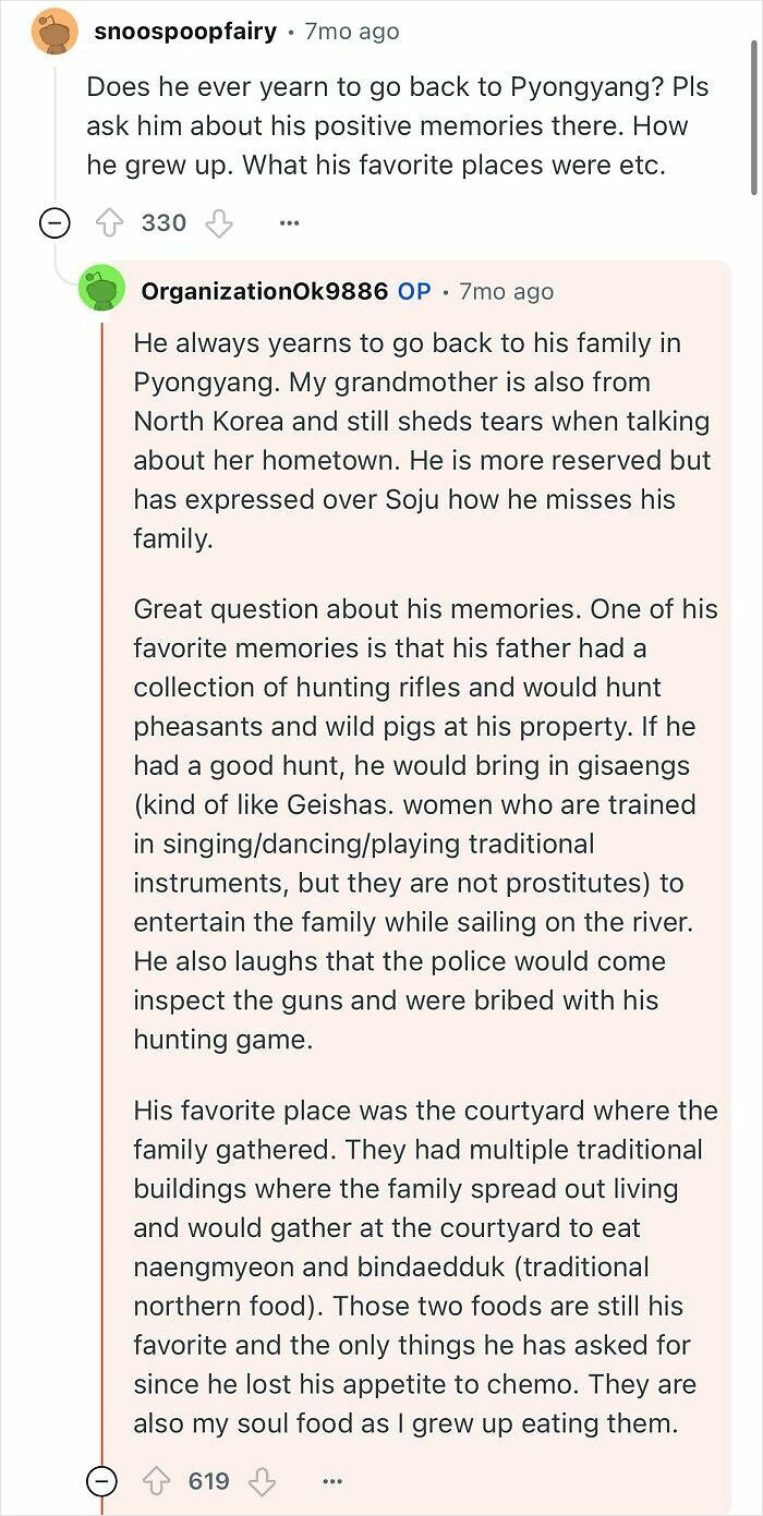 Reddit conversation about a North Korean grandfather’s memories and life shared by a family member.