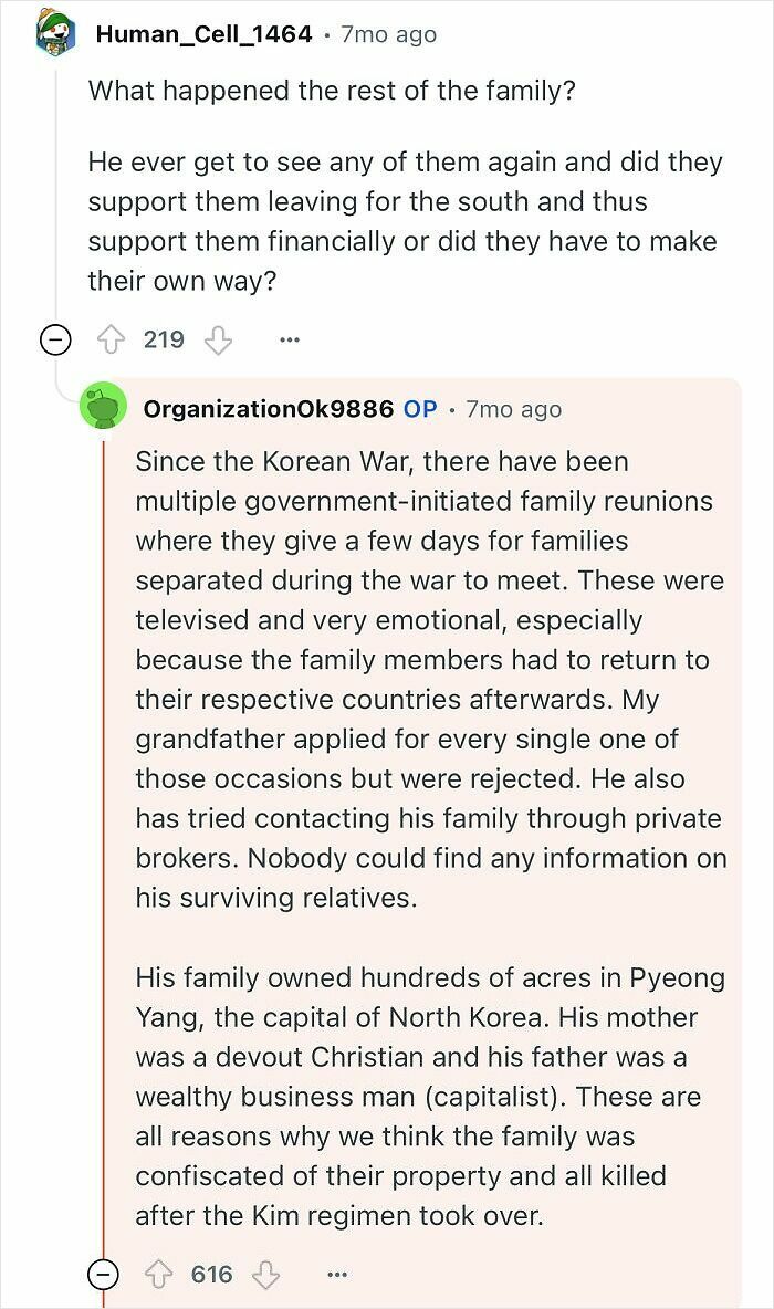Reddit thread discussing family reunions and hardships faced by a North Korean escapee's family after the Korean War.