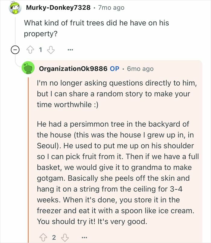 Comment thread discussing a grandfather who escaped North Korea sharing stories about his life and fruit trees.